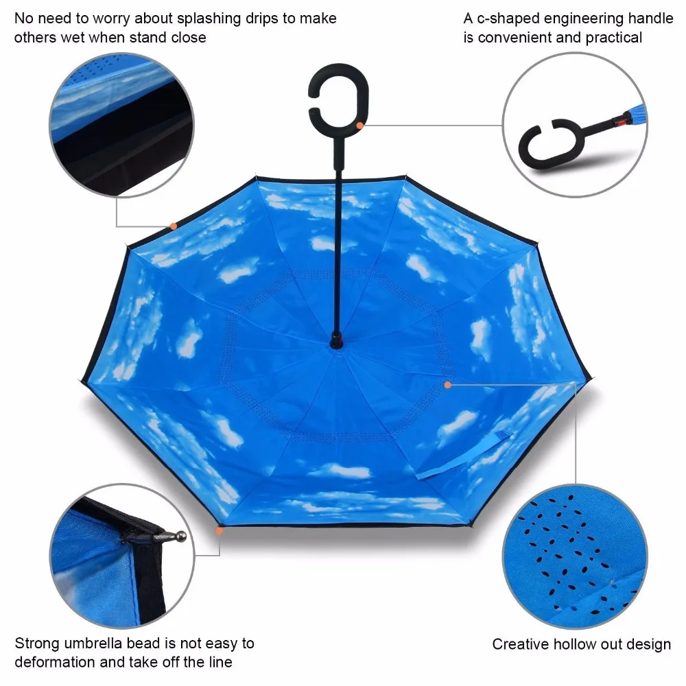 Ветрозащитный обратный складной двухслойный перевернутый Chuva зонтик самостоящий наизнанку защита от дождя c-крюк руки для автомобиля