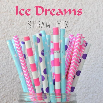 

125pcs Mixed Colors ICE DREAMS Paper Straws,Hot Pink Chevron,Sailor Stripe,Light Blue with Swiss Dot and Star,Purple Polka Dot