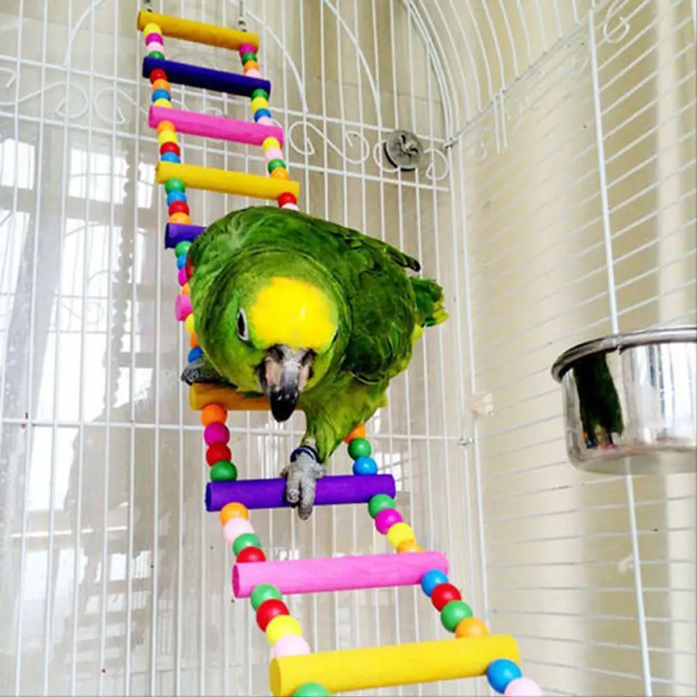 LanLan Colourful Pet Climbing Ladder Biting Wood Brick Toys with Hanging Rope for Bird Parrot Supplies