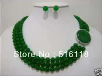

Free shipping Beautiful 3 Rows 8mm Green Necklace Earrings Jewelry Set
