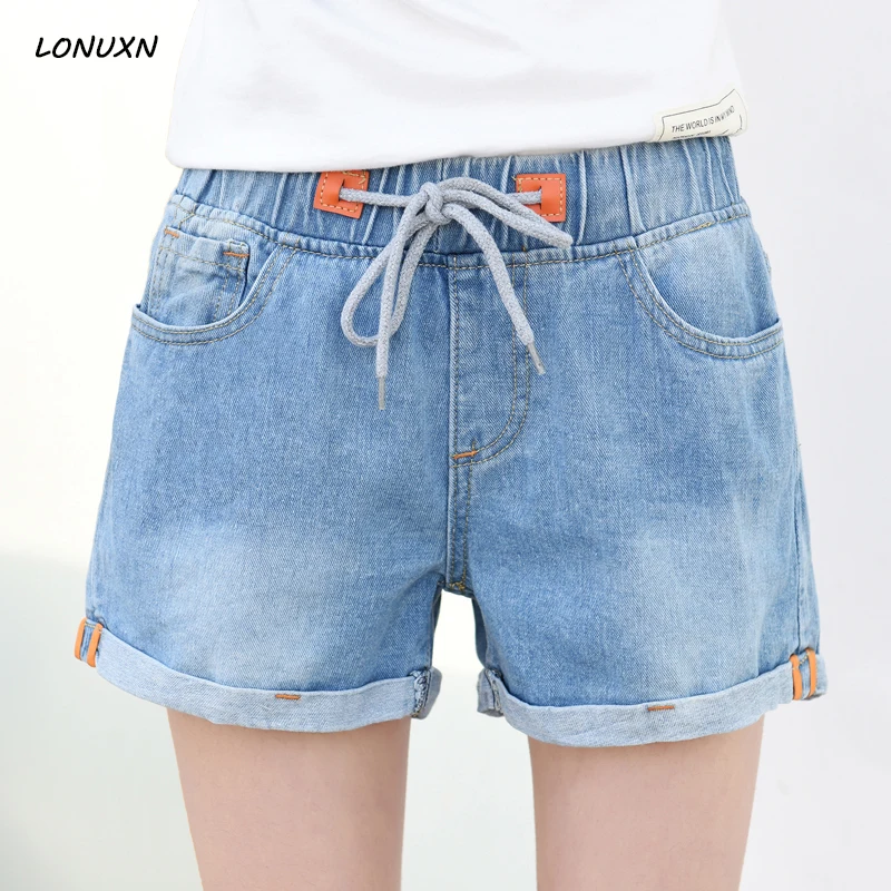 

High-quality new high waist denim shorts women summer loose thin section students wide leg Large size elastic waist shorts