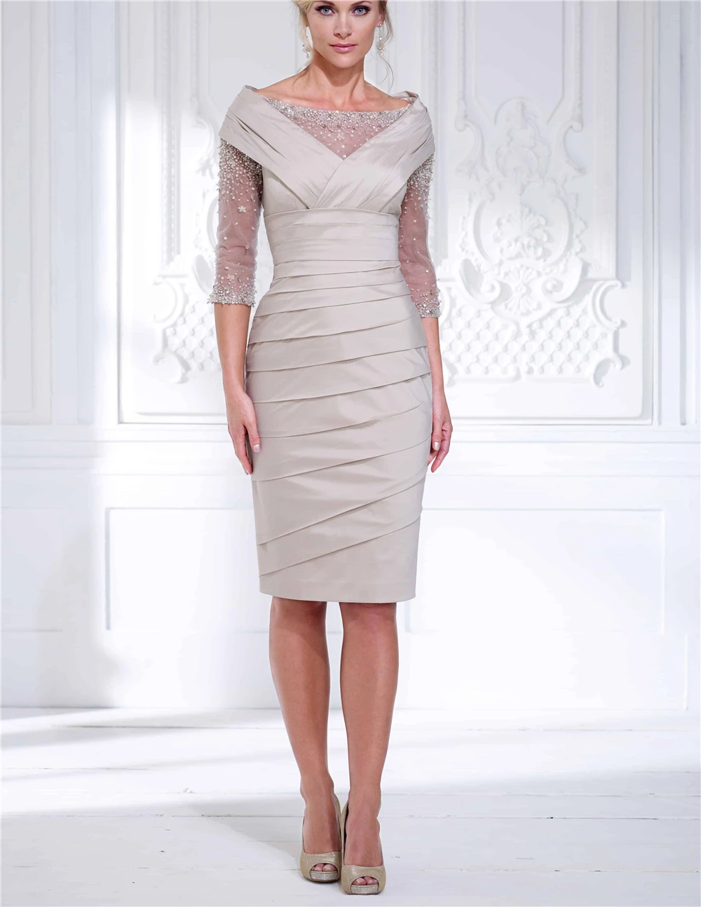 Отличное 3/4 рукава Бисер Серебряный тафты и тюлевой оборкой Vestido Madrina Boda Mother Of the Bride, держащих букет невесты на свадьбе, платья