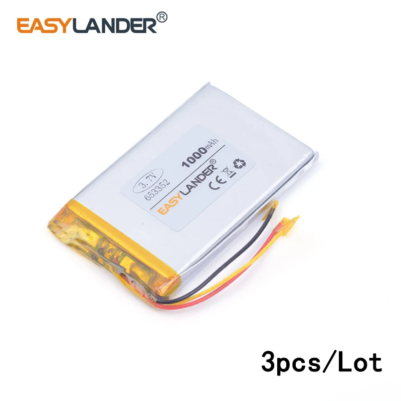 3pcs /Lot 3.7v 3-wire 1000mAH 653352 lithium Li ion polymer rechargeable battery for Smart watch GPS mp3 mp4,cell phone,speaker