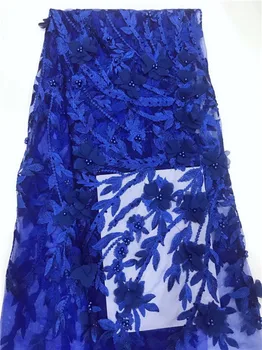 

Bridal Royal Blue Net Lace Graceful beads African Lace Fabric High Quality 3D Handmade Nigerian Lace Fabrics For Wedding Dress