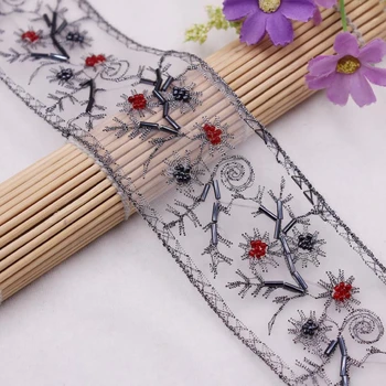 

5Yards Vintage Ethnic Embroidery Beaded Lace Trim Flowers Beading Ribbon Lace Fabric Wedding Dress Collar Sleeve Accessories
