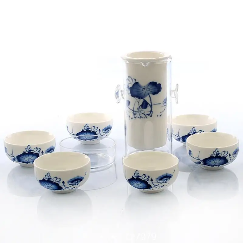 Blue and white porcelain ceramic Kung Fu tea set ears style heat resistant glass sheathed teapot