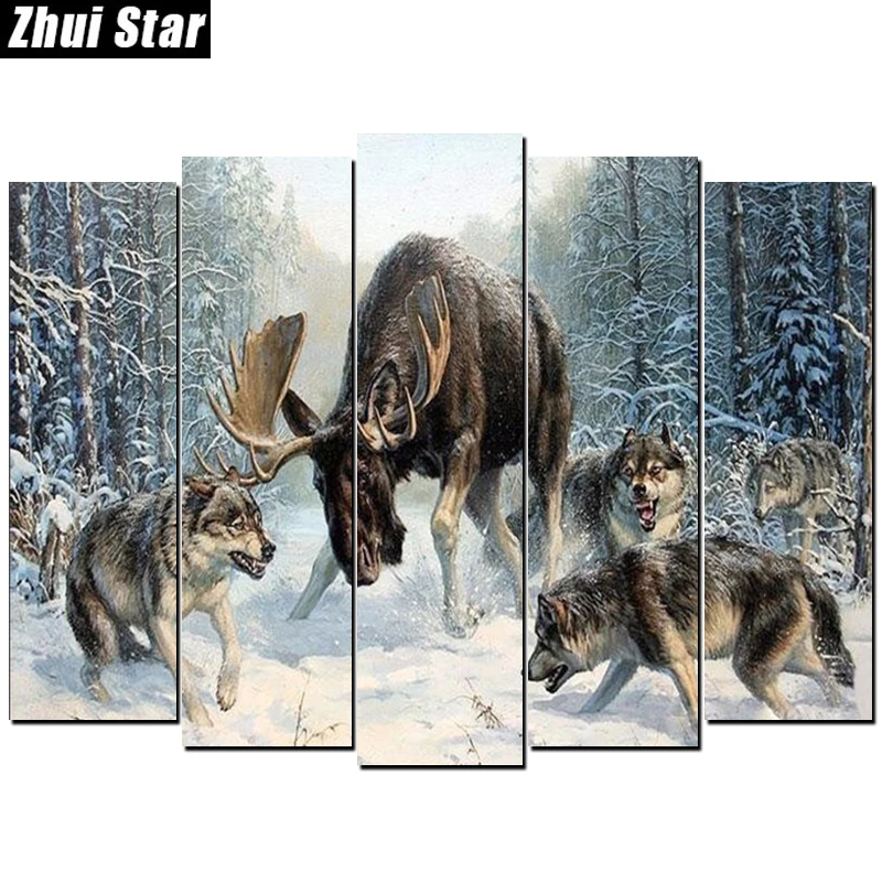 

5pcs Full diamond 5D DIY diamond painting Wolves hunting diamond embroidery cross stitch painting living room wedding decoration