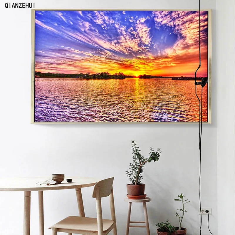 

QIANZEHUI,DIY Rhinestone plastic crafts diamond Dawn scenery Square diamond painting cross stitch full diamond embroidery