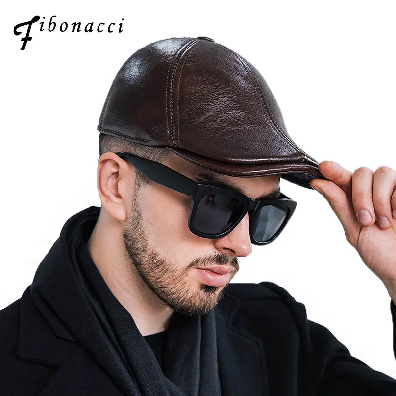 

Fibonacci Cowhide Genuine Leather Newsboy Cap Europe America Style Middle Aged old Man Vintage Flat Cap Ear Protection Beret Hat