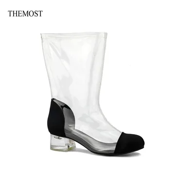 

ARQA Hot Sale New Style Fashion Women Transparent Clear Perspex Almond Toe Lucite Heel Calf Short Boots Shoes
