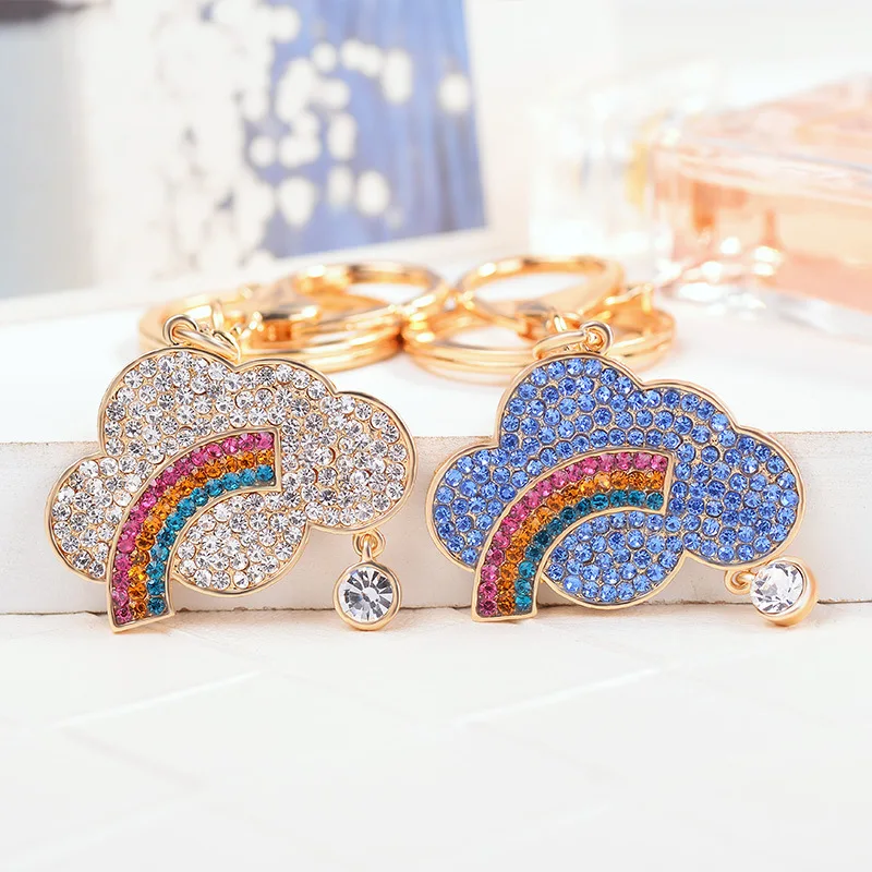 

Blue white exquisite rhinestone cloud keychain fashion sparking rainbow llaveros jewelry keyring girl gift women bag pendant C35
