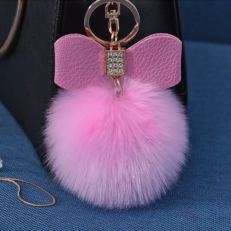 

High Quality Fluffy Faux Bunny Fur Pompom Ball Keychain Crystal Leather Bow-knot Women Key Chain Ring Holder Handbag Car Pendant