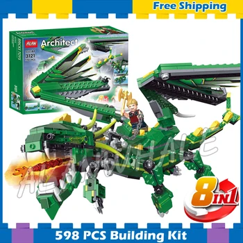 

598pcs 3in1 Creator Green Dragon incredible Mythical Creatures 3121 DIY Model Building Blocks Gifts sets Compatible with Lago