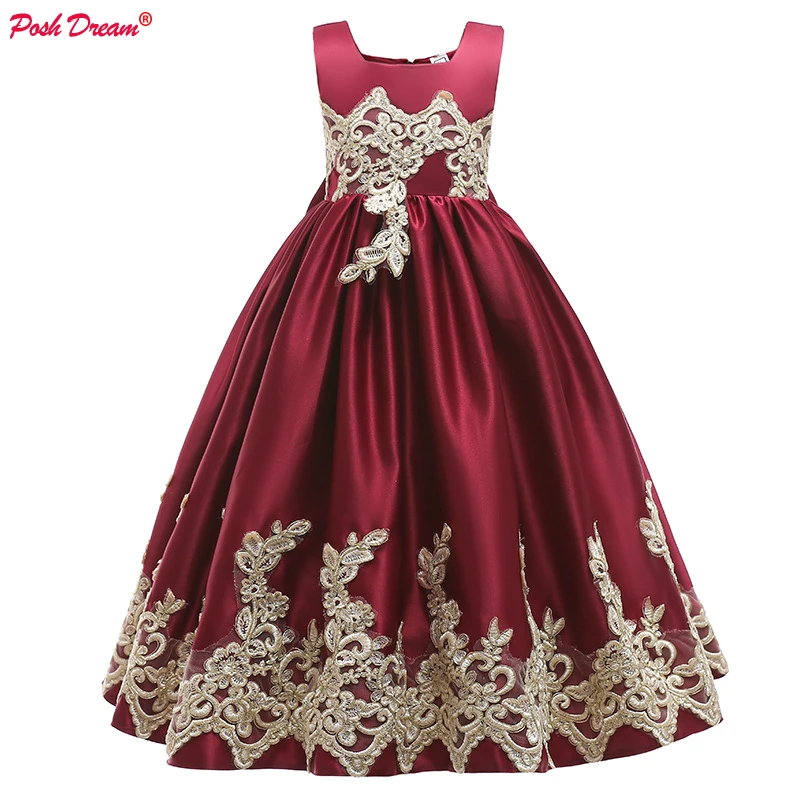 Шикарное красное кружевное платье с цветочным узором для девочек; свадебные платья принцессы с вышивкой для рождественской вечеринки; платья-пачки для девочек