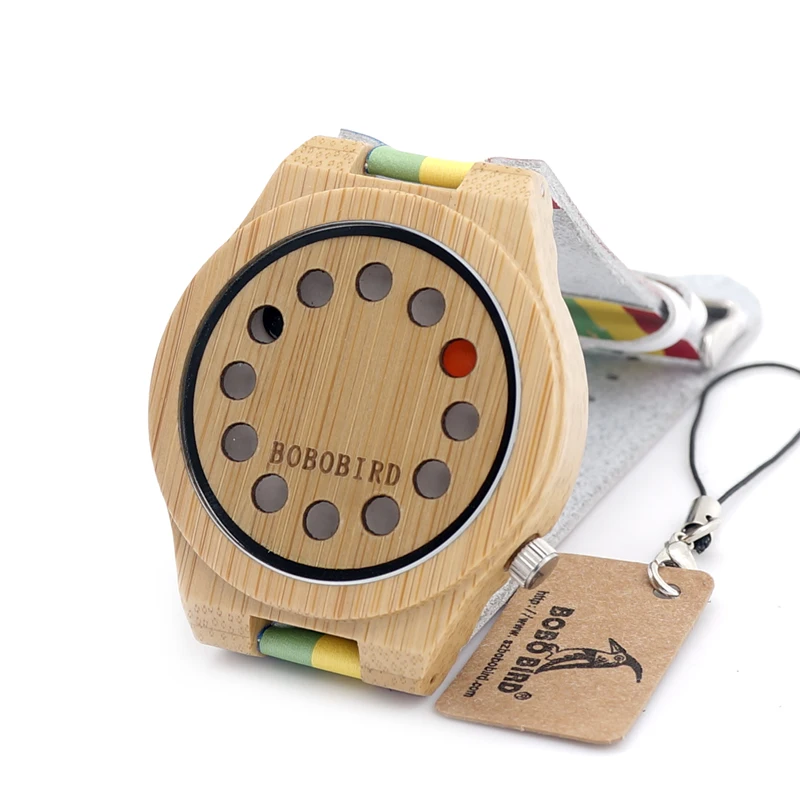 BOBO BIRD V-A01 Mens Wooden Watch 12 Holes Design Bamboo Dial Rainbow Band Quartz Watch in Gift Box montre homme marque de luxe