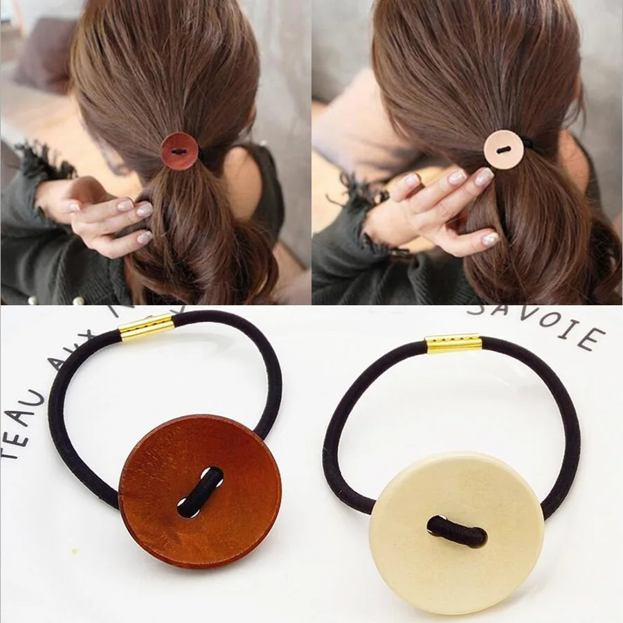 

New Simple Style Solid Round Wood Button Elastic Hair Bands Hair Accessories Girls Kids Women Rubber Bands Ponytail Headwear