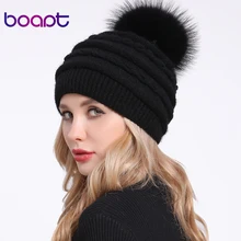 [boapt] двойной слой мягкий кролик натуральный помпон мех енота толстый вязаный для женщин шапка зима леди шапочки женский колпачки кепка женские теплый зимние женские вязаная норковая кепки пумпоны женская шапки