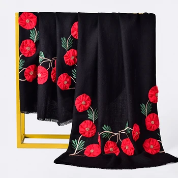 

Women 100% Wool Scarf Shawls Autumn Winter Pashmina Solid Embroidery Flower Wraps Ladies Warm Sheep Wool Scarves 190x65cm