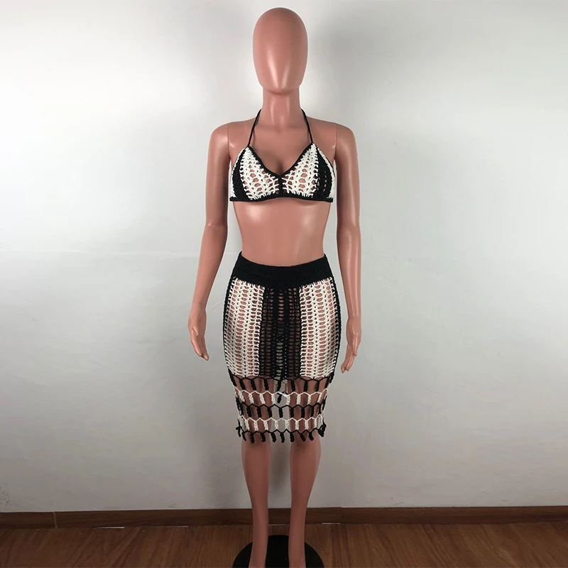 Fishnet Hollow Sexy 2 Piece Outfits For Women Halter Backless Crop Top+Bodycon Skirts Sweatsuits Summer See Through Matching Set