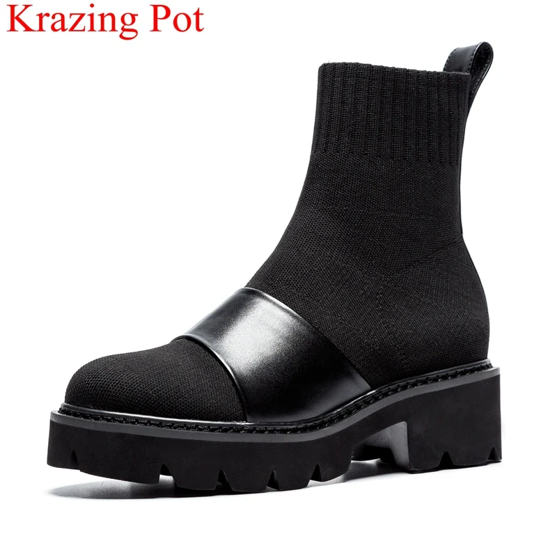 

2018 superstar round toe slip on ankle boots elegant med heels strech motorcycle boots solid runway casual party shoes L32