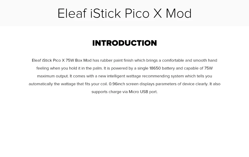 Eleaf iStick Pico X 75 Вт Максимальная мощность с 0,69 дюймовый механический мод No18650 батарея электронная сигарета