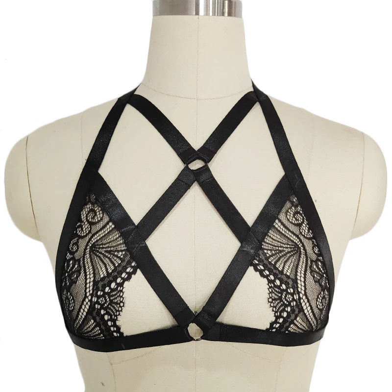 

Sexy Lace Bra Body Harness Belt Pole Dance Rave Cross Hollow Out Adjustable Open Chest Gothic Bralette Strap Bandage Harness