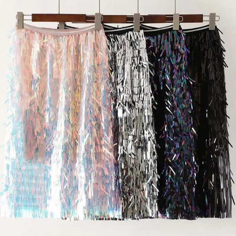 

New Fashion Elastic High Waist Was Thin A Word Skirts Womens Korean Version Medium Long Section Sequined Tassel Skirt Female