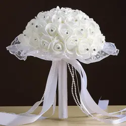 Подружки невесты букет Пена розы искусственные ручной Цветы Стразы свадебные принадлежности ручной работы, шелковые кружева, ленты, цветы