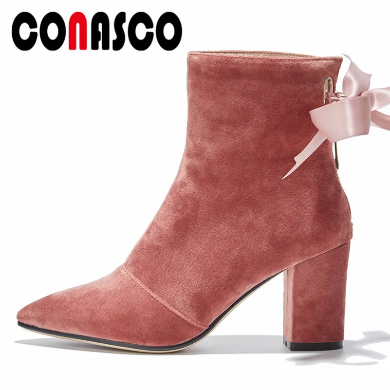

CONASCO Fashion Cute Velvet Women Ankle Boots High Heels Ribbons Butterfly-Knot Wedding Party Shoes Woman Short Basic Boots