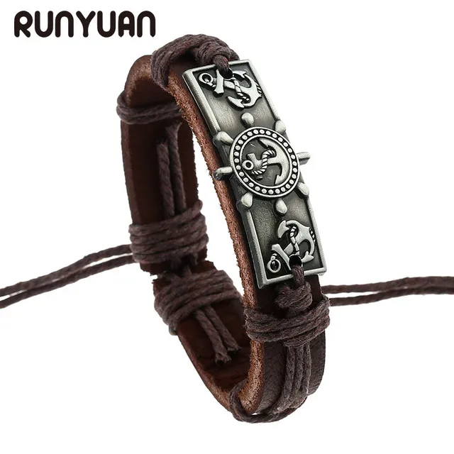 Runyuan Vintage Genuine Pu Leather Bracelet Men Engraved Alloy Runyuan Vintage Genuine Pu Leather Bracelet Men Engraved Alloy Pendant Of Anchor Bracelets Ancient Silver Color