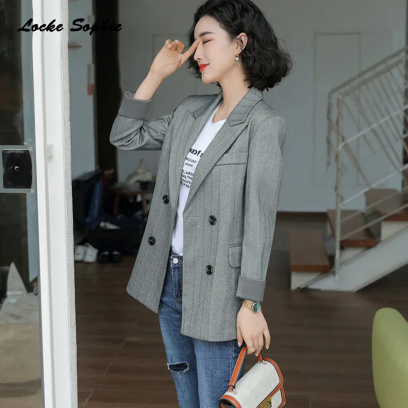 Women's Plus size Blazers coats 2019 Autumn cotton blend stripe Double-breasted Small Suits jackets ladies Skinny Blazers Suit