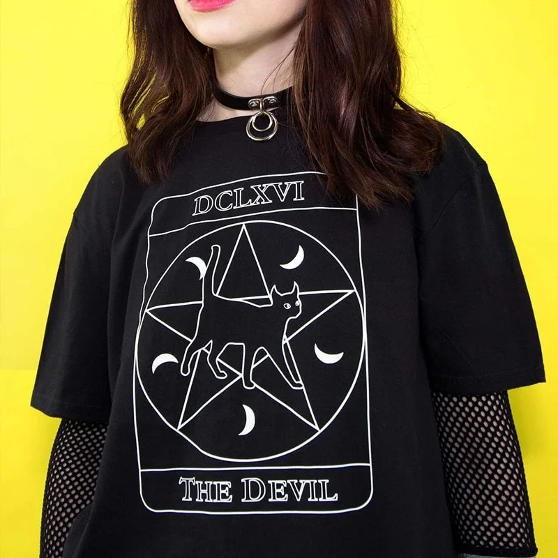 

kuakuayu HJN Kitty Tarot T-shirt Women Causal Halloween Cat T Shirt Pastel Tumblr Tshirt 90s Gothic Funny Slogan Graphic Top