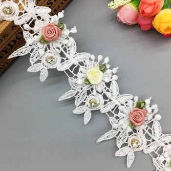 

1 yard Multilayer 3D Diamond Colorful Flowers Embroidered Lace Trim Ribbon Fabric Wedding Sewing Craft For Costume Decoration