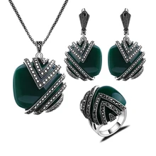 Joyería de moda Declaración Square Resina Verde Y Negro Rhinestone Del Collar de la Plata de La Vendimia Plateó Sistemas de La Joyería Para Las Mujeres