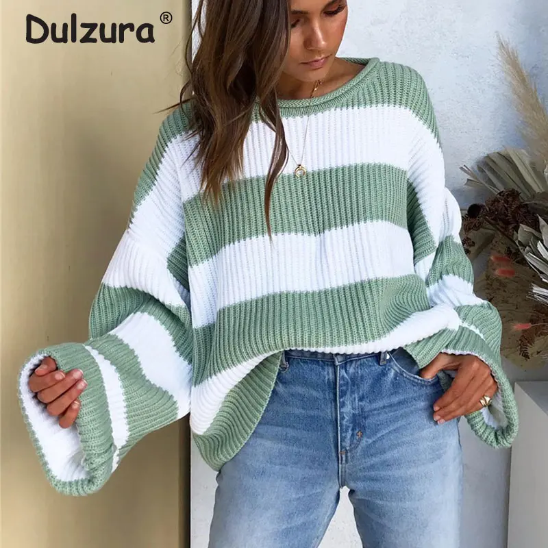 

Oversize Green Striped Knitted Sweaters Women Autumn Brand Elegant O-Neck Jumpers Female Fashion Batwing Sleeve Pullovers