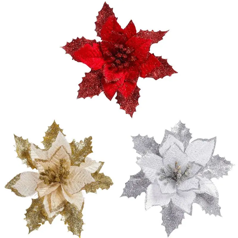 

12Pieces Glitter Poinsettia Flowers Christmas Tree Poinsettia Ornaments for Christmas Valentine's Day New Year Floral Decoration