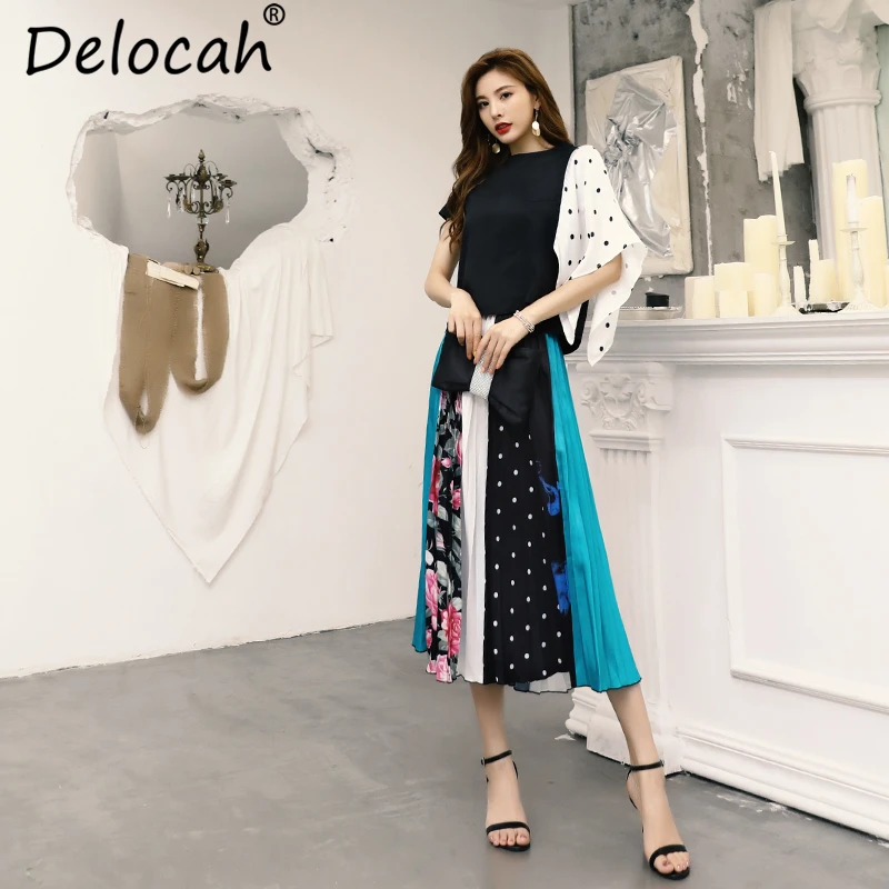 

Delocah New Women Summer Casual Set Runway Fashion Asymmetrical Short Sleeve Tops And Floral Print Midi Skirt Two Pieces Set