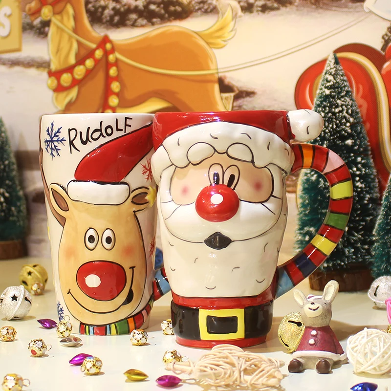 

Creative Cute 3D Santa Deer colorful Mug Elegant Embossed Coffee Mug Ceramic Milk Mug Office Meeting Tea Mug