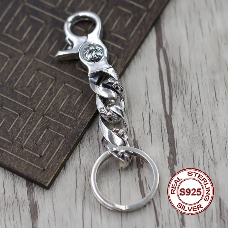 

S925 sterling silver key ring Retro personality cross unique bag buckle Thai silver to create punk wind key holder Send lover's
