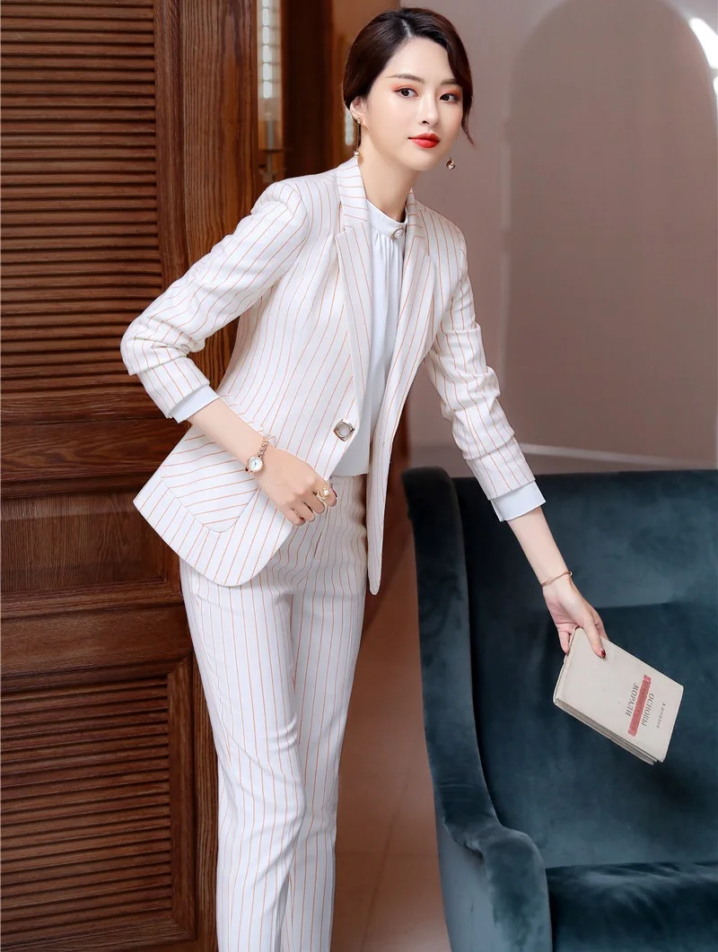 

Fashion Striped Women Business Suits With Jackets and Pants Ladies Office Work Wear Professional Pants Suits Pantsuits
