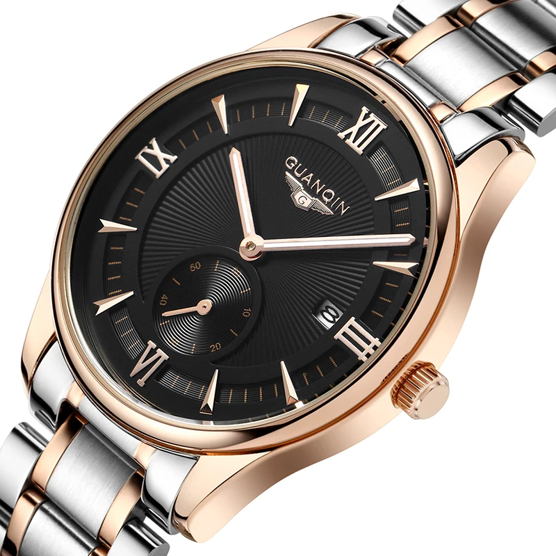 

GUANQIN Fashion Casual Mens Watches Top Brand Luxury Leather Stainless Steel Quartz Watch Men Waterproof Wristwatches Date Clock