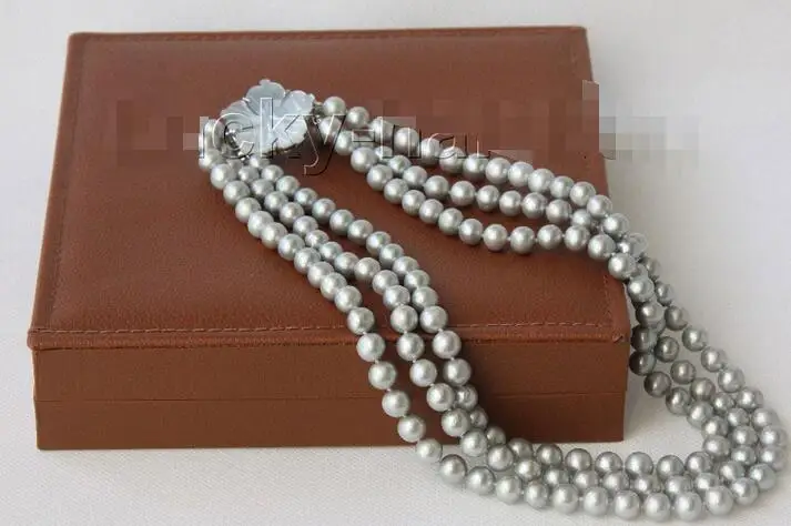 

Free Shipping >>>AA+17-19" 3row 10mm round Gray Freshwater pearls necklace seashell clasp j8952