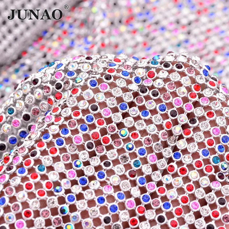 JUNAO 45*120 см блестящая прозрачная Серебряная сетчатая ткань со стразами, отделанная кристаллами лента, стеклянная аппликация, ПРИШИТАЯ металлическая отделка для платья - Цвет: Mix Color