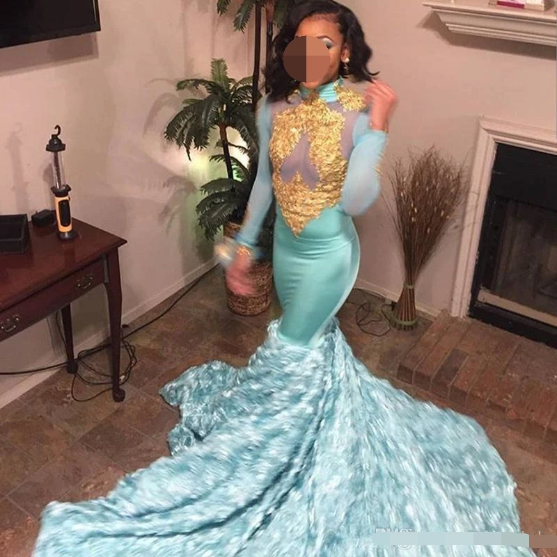 

2019 Sexy big train Mermaid Prom Dresses Gold Lace Appliques High Neck Long Sleeves african Evening dress 3D Floral Formal gown