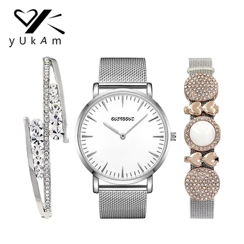 

YUKAM Keeper Crystal Cuff Bangle Bracelets Double Hearts Slide Charms Stainless Steel Mesh Keeper Bracelets Watch Sets for Women