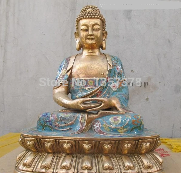 

shitou 00328 Tibet Buddhism 100% Pure Bronze Gild cloisonne Sakyamuni Amitabha Buddha Statue