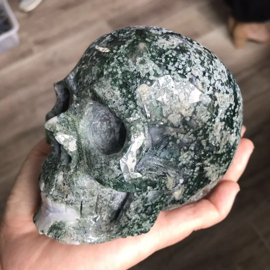 

4.3" Amazing Hand Carved Aquatic Agate Quartz Healing Crystal Skull Head Reiki Decoration 1.09kg JM