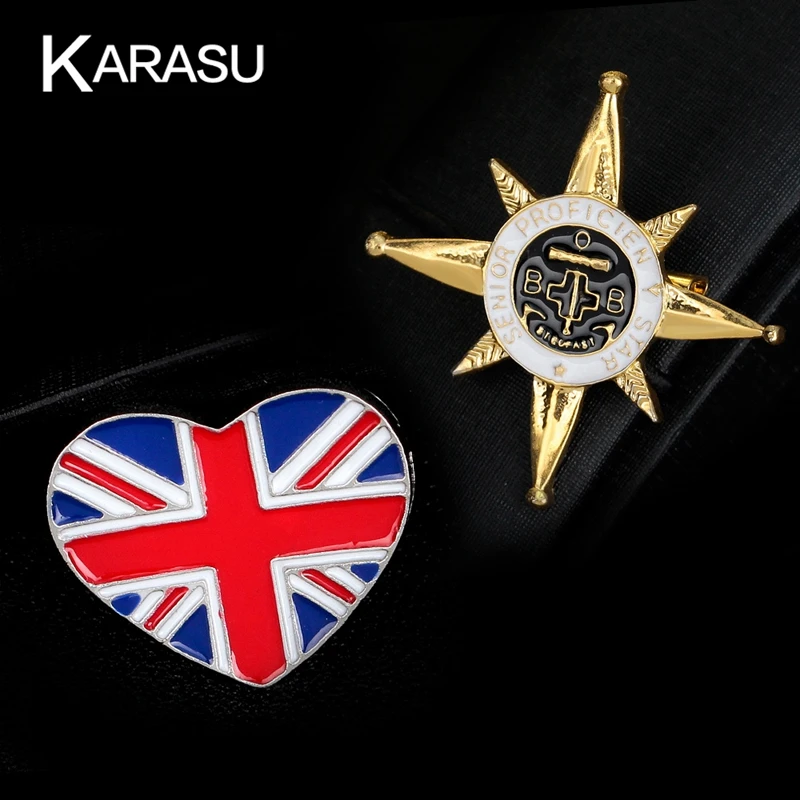 

New England Style British Flag & Five-pointed Star Anchor Icon Gold-color Brooch For Female Badges Pins 2 Pieces Jewelry