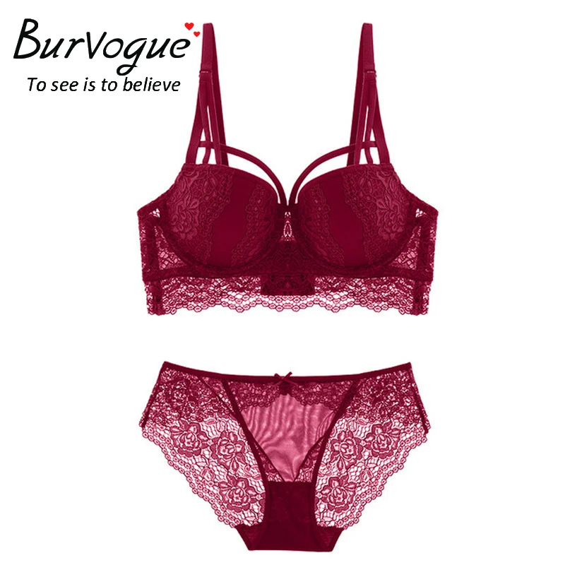Women's Embroidery Bras Set Lace Long Line Bra and Panties