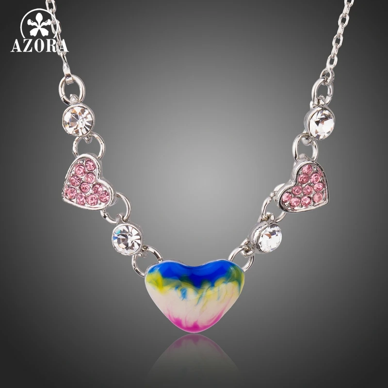 

AZORA New Oil Painting Pattern Heart Shape Pendant Necklaces for Women Fashion Lady Pink Rhinestone Jewelry Accessories TN0226